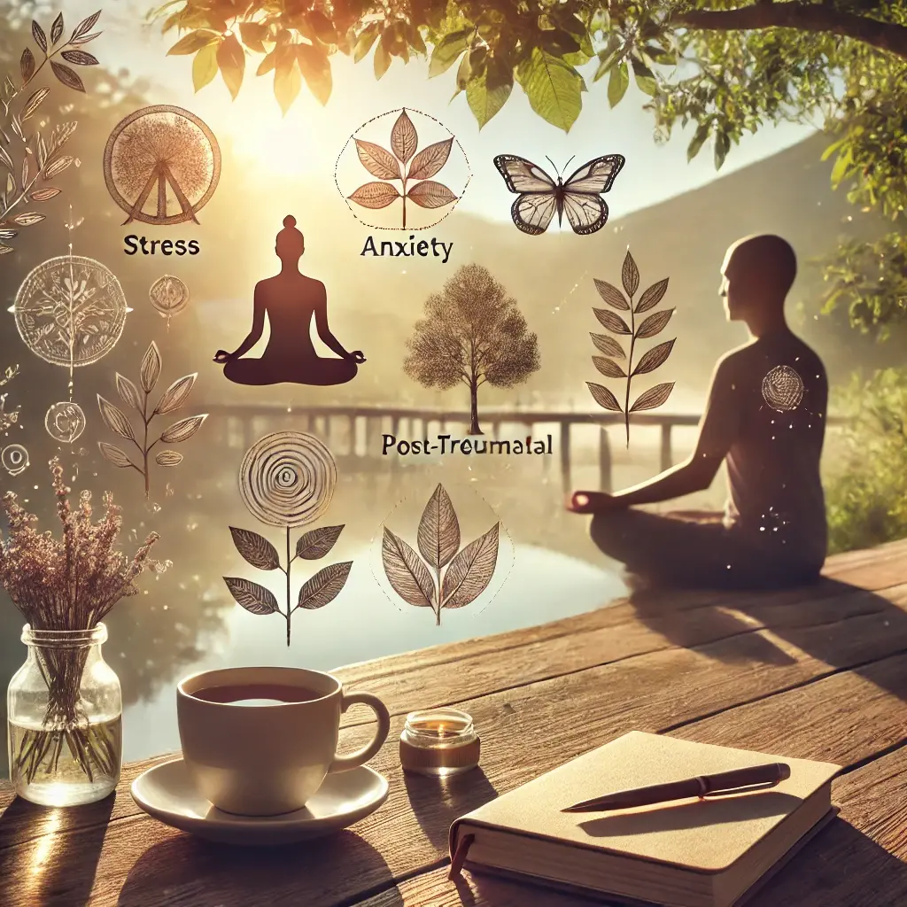 Dall e 2024 07 16 10 51 17 a serene and calming image depicting the fight against stress anxiety and post traumatic stress disorder the scene includes a person practicing min